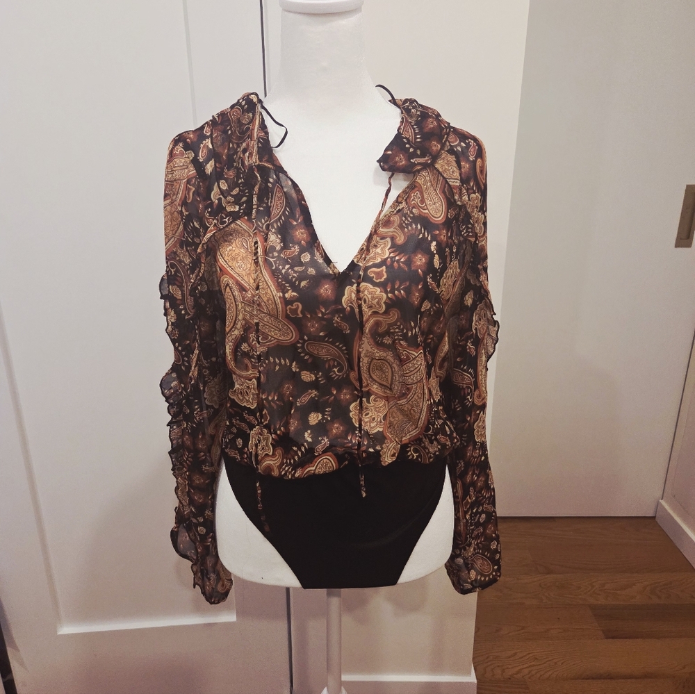 Zara Boho Womens Sheer Paisley Button-Front Bodysuit  Blouse Size Small